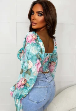 Loyal Love Teal Floral Milkmaid Mesh Top