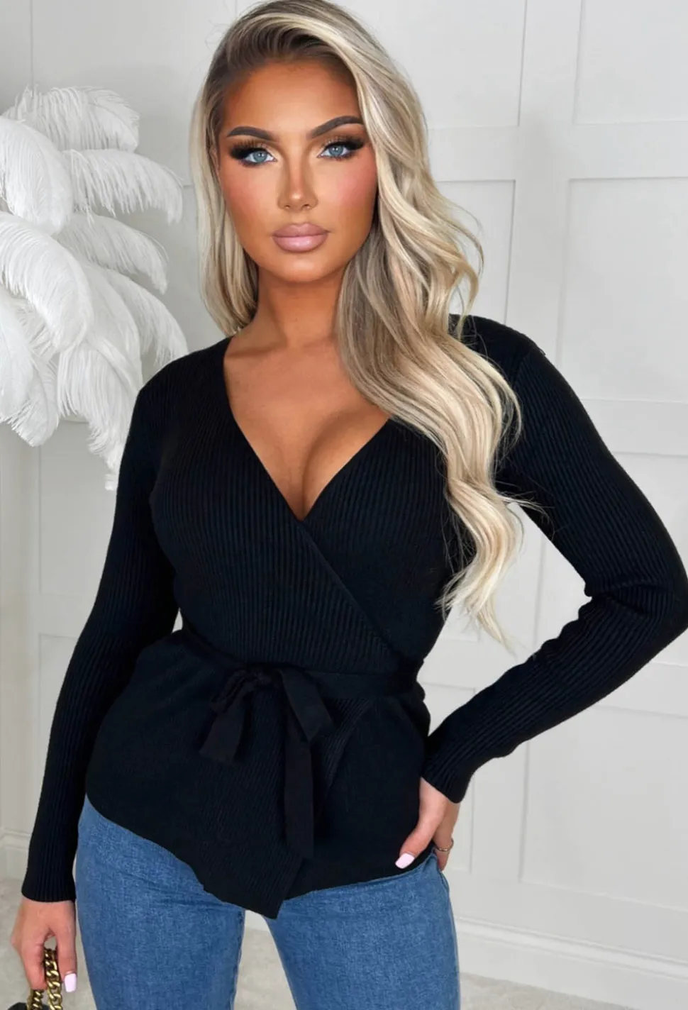 Lucky Charm Black Tie Waist Wrap Knitted Jumper