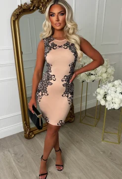Lust In Lace Nude Lace Print Bodycon Dress