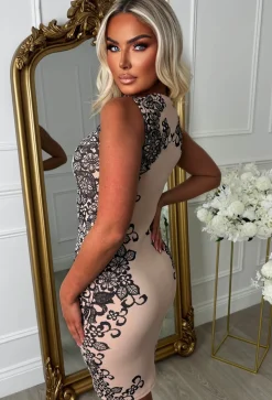Lust In Lace Nude Lace Print Bodycon Dress