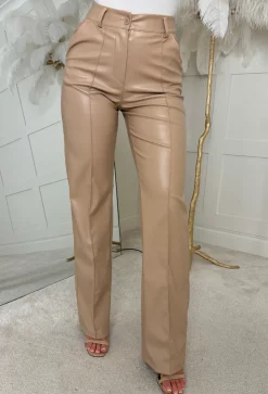Luxe Destiny Beige Faux Leather Straight Leg Trouser