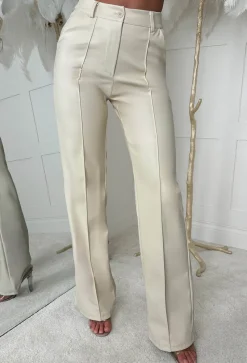 Luxe Destiny Cream Faux Leather Straight Leg Trousers