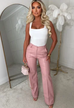 Luxe Destiny Light Pink Faux Leather Straight Leg Trouser