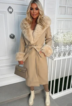 Luxe Illusion Taupe Faux Fur Trim Belted Coat