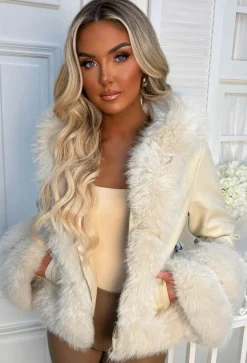 Luxury Escape Beige Faux Leather Hooded Skater Belted Coat