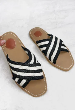 Luxury Vacay Black Stripe Cross Over Woven Strap Sandals