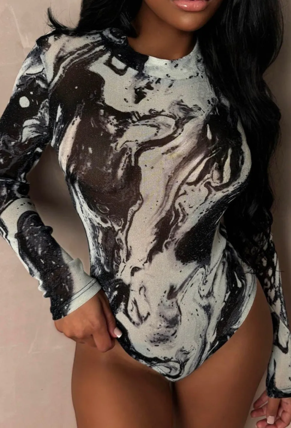 Maddy Monochrome Marble print Sheer Bodysuit