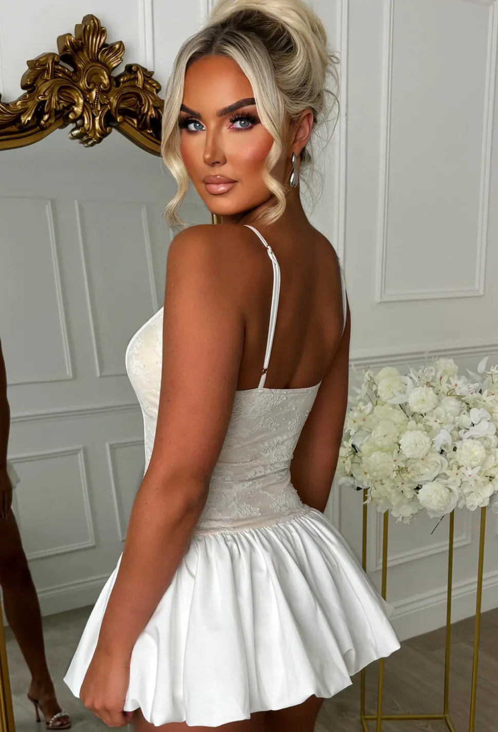 Malibu Muse Stone Lace Bodice Puffball Mini Dress