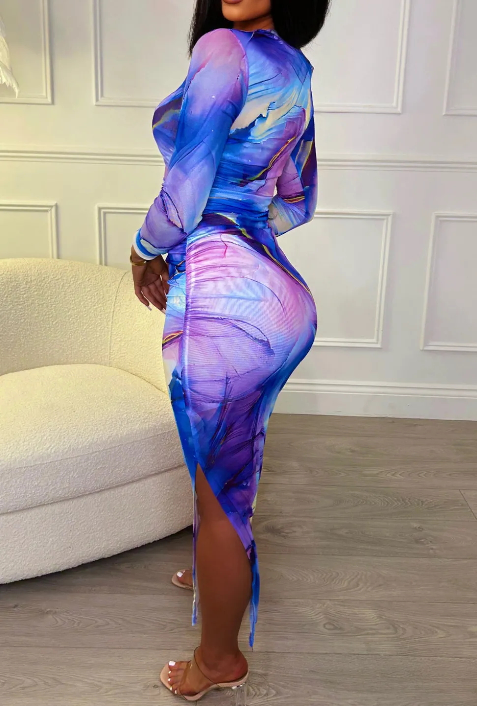 Marble Dreaming Blue And Purple Marble Midi Dress