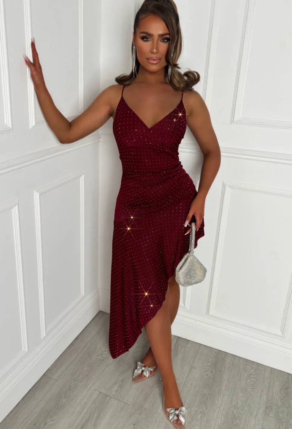Mary-Lou Burgundy Diamante Strappy Mini Dress