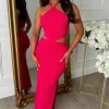 Match Maker Hot Pink Cut Out Halter Neck Knitted Dress