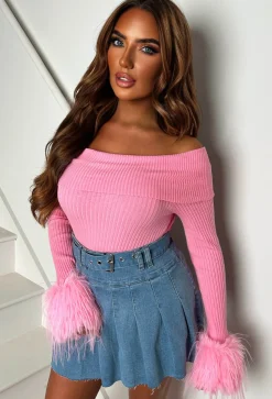 Midnight Muse Baby Pink Off The Shoulder Faux Fur Cuff Jumper