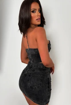 Miley Black Stretch Denim Co-Ord Skirt & Bandeau Top Set