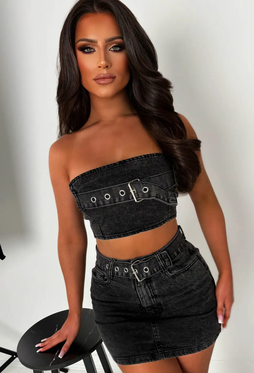 Miley Black Stretch Denim Co-Ord Skirt & Bandeau Top Set