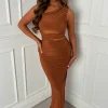 Mindy Rust Cut Out One Shoulder Ruched Dress