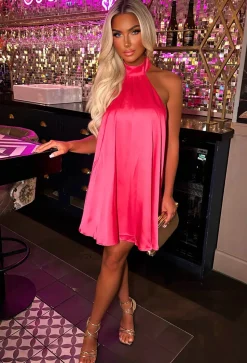 My Luxury Hot Pink Satin Contrast Bow Halterneck Backless Mini Dress