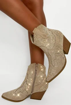 My Sweet Love Beige Diamante Stud Ankle Cowboy Boots