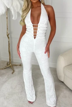 Mystic White Lace Halterneck Flared Tie Up Stretch Jumpsuit Limited Edition