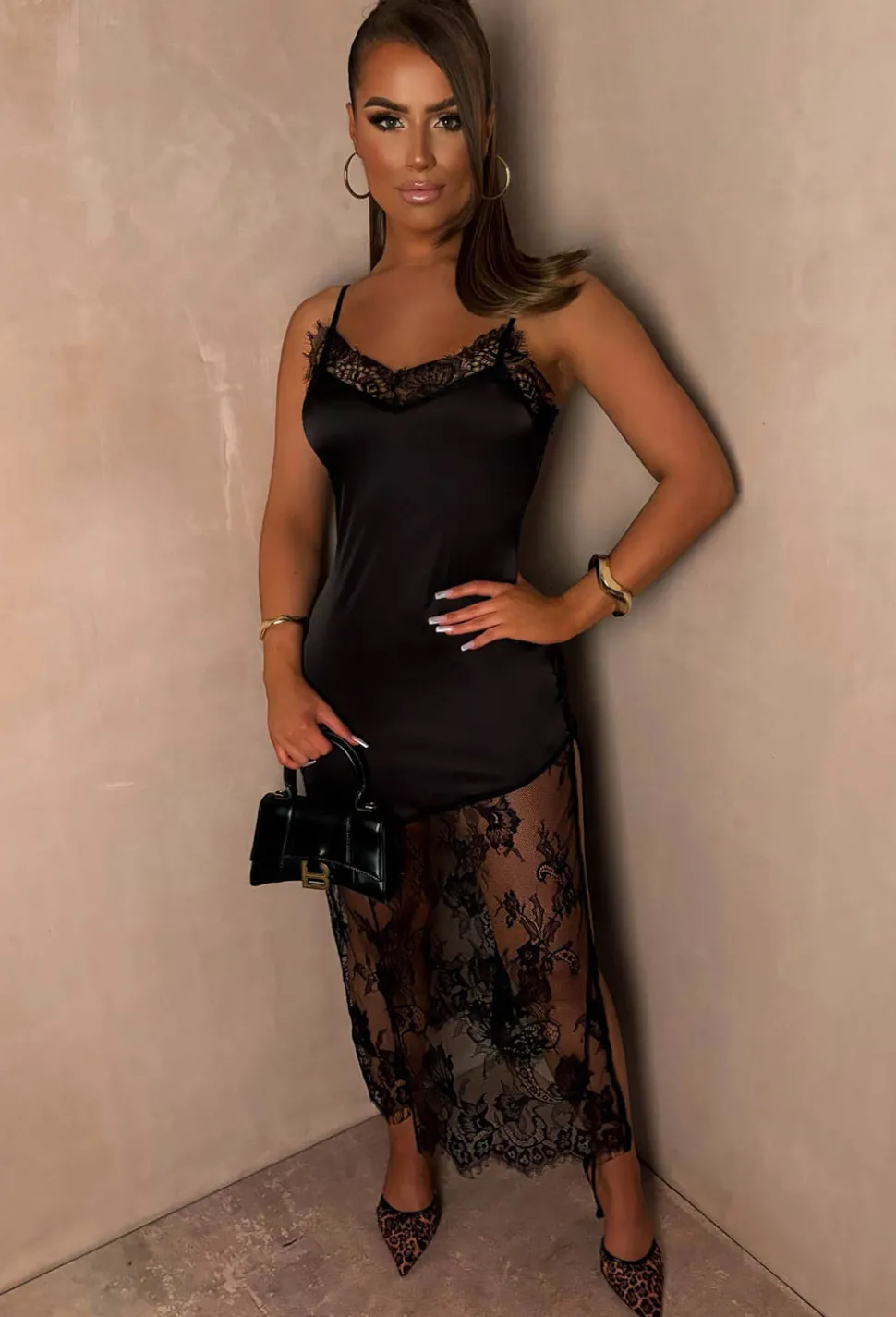 Nadine Black Lace Skirt Satin Cami Dress