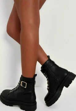 Never Settle Black Gold Buckle Biker Boots