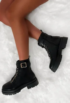 Never Settle Black Gold Buckle Biker Boots