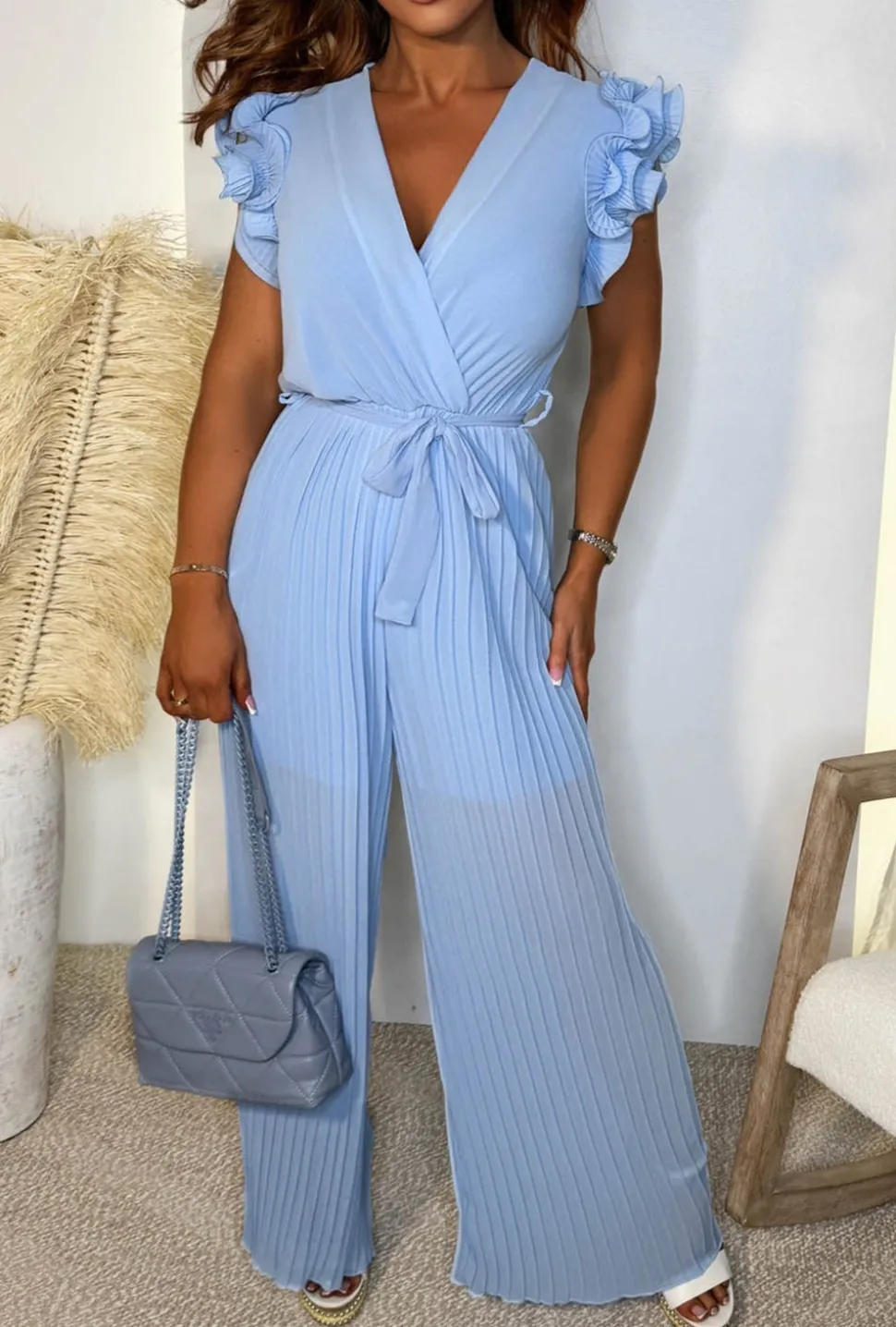 Nice To Meet You Baby Blue Pleated Ruffle Shoulder Jumpsuit