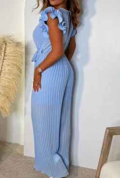 Nice To Meet You Baby Blue Pleated Ruffle Shoulder Jumpsuit