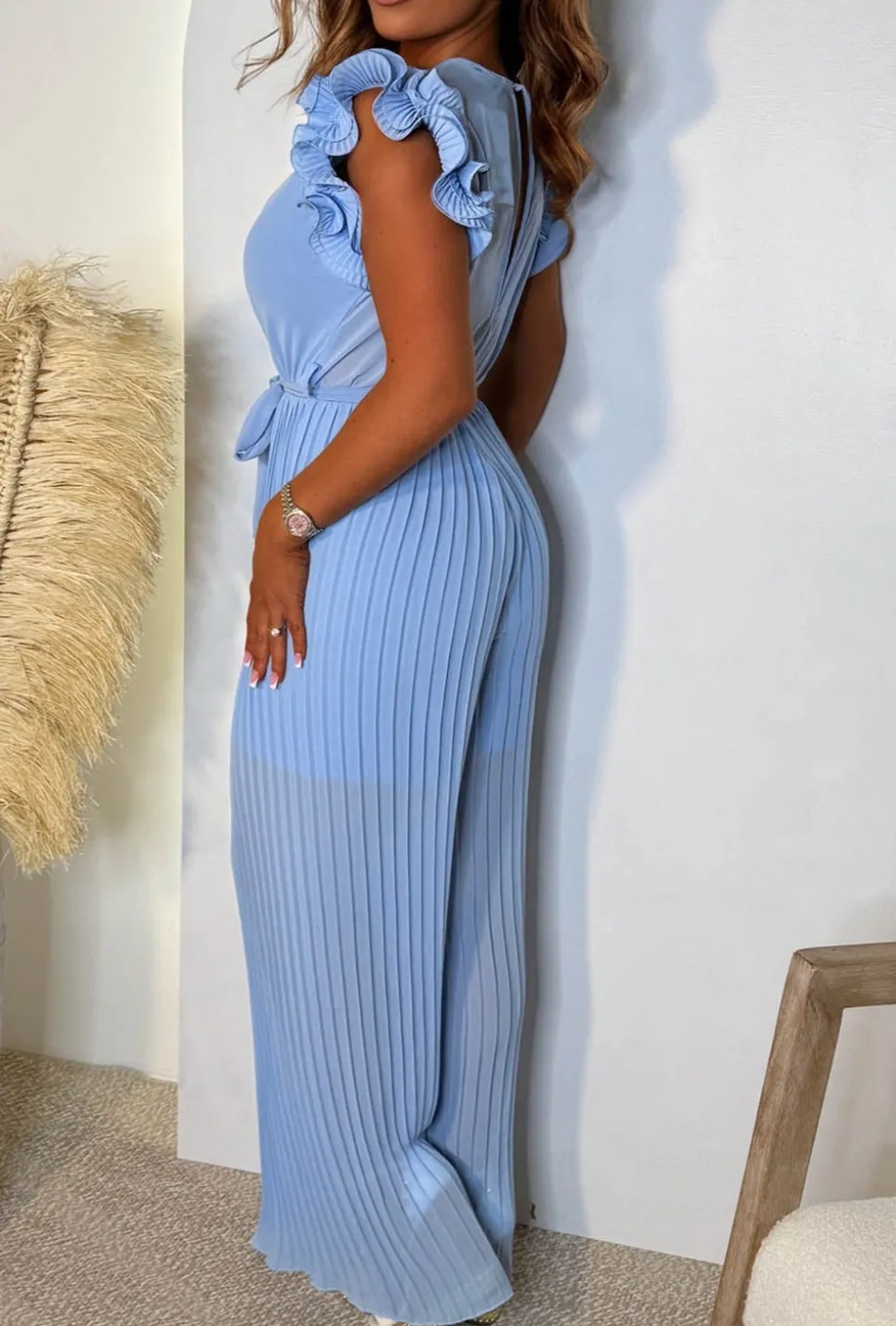 Nice To Meet You Baby Blue Pleated Ruffle Shoulder Jumpsuit