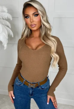 Not For You Tan Knit V Neck Jumper