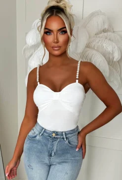 Not So Shy Cream Pearl Strap Bow Top
