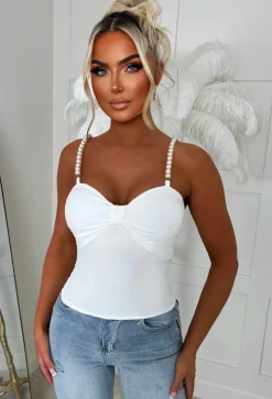 Not So Shy Cream Pearl Strap Bow Top