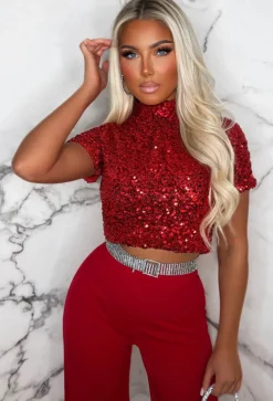 Oh She Bad Red Sequin Crop Top