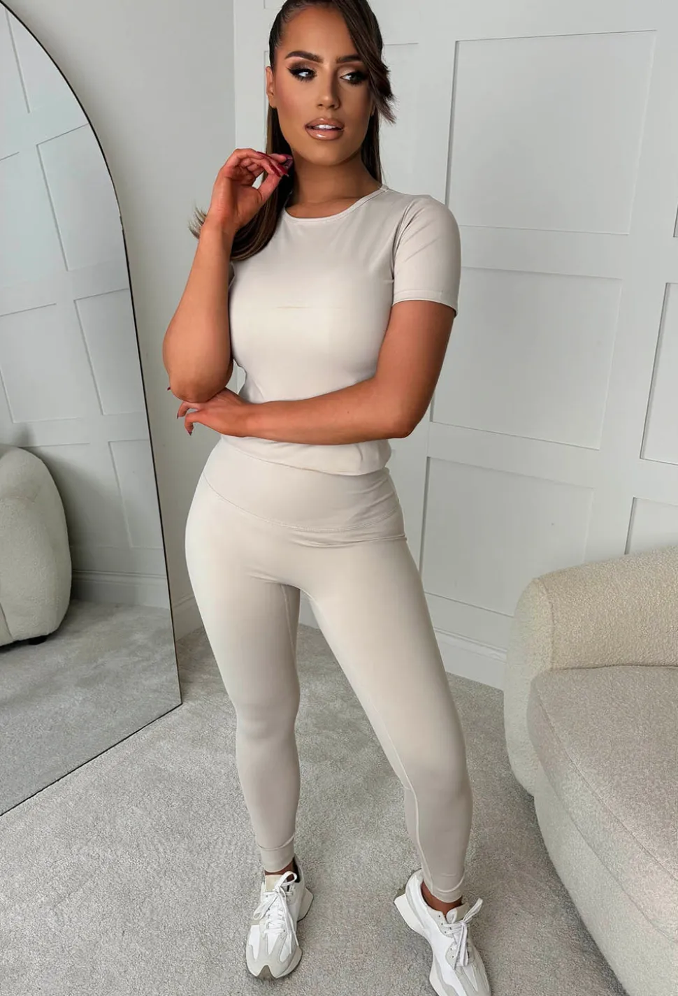 On The Go Beige Top And Leggings Active Set