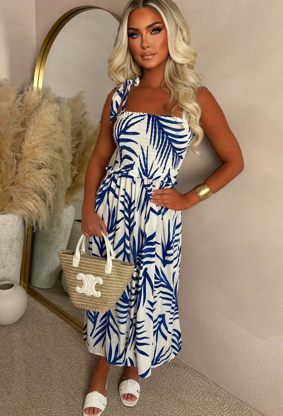 Palm Leaf Allure Blue Palm Print Sun Dress