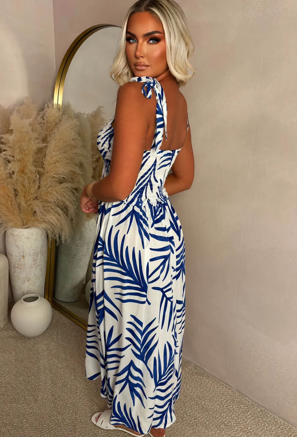 Palm Leaf Allure Blue Palm Print Sun Dress