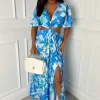 Peekaboo Charm Blue Ring Front Side Cut Out Split Leg Maxi Dress
