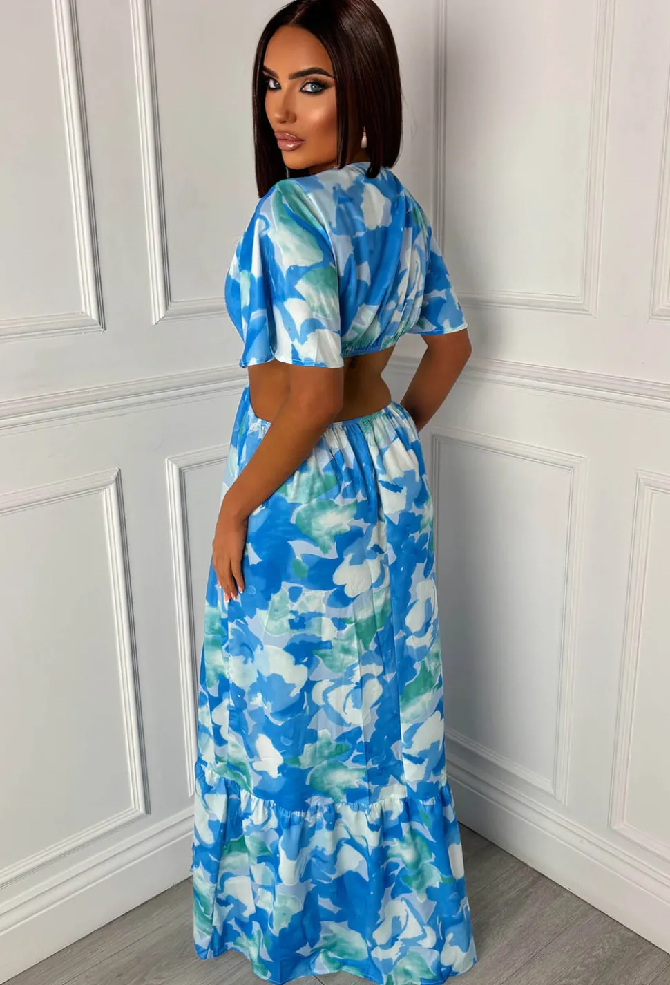 Peekaboo Charm Blue Ring Front Side Cut Out Split Leg Maxi Dress