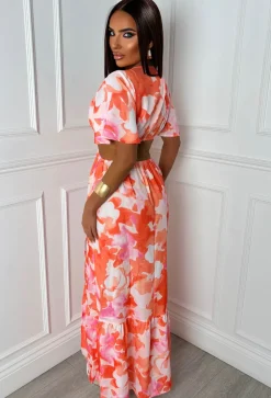 Peekaboo Charm Orange Ring Front Side Cut Out Split Leg Maxi Dress