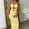 Peekaboo Perfection Lemon Cut Out Buckle Maxi Dress