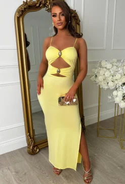 Peekaboo Perfection Lemon Cut Out Buckle Maxi Dress