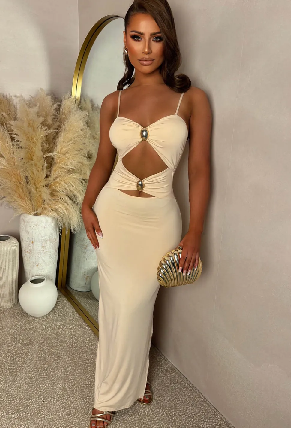 Peekaboo Perfection Stone Cut Out Buckle Maxi Dress