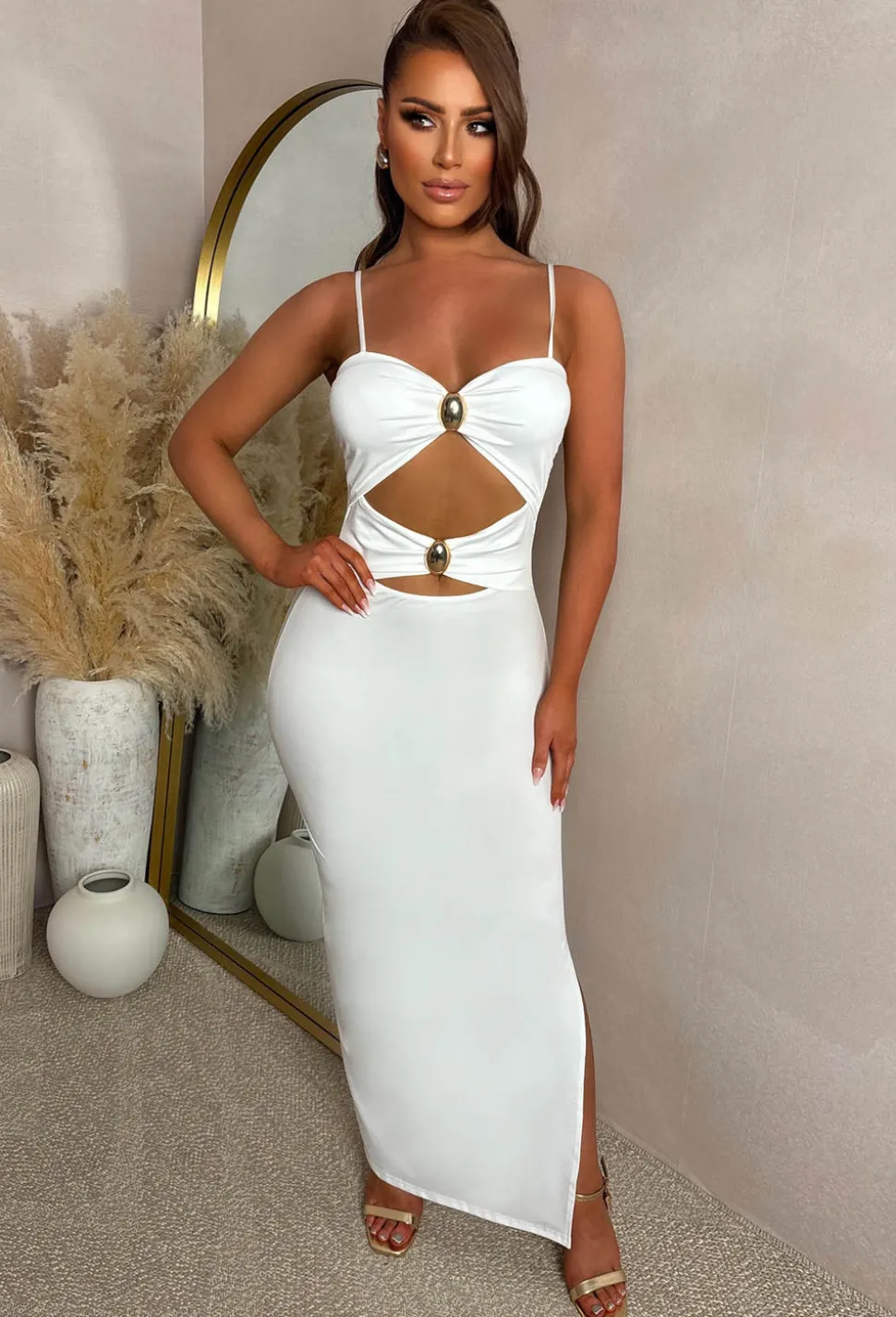 Peekaboo Perfection White Cut Out Buckle Maxi Dress