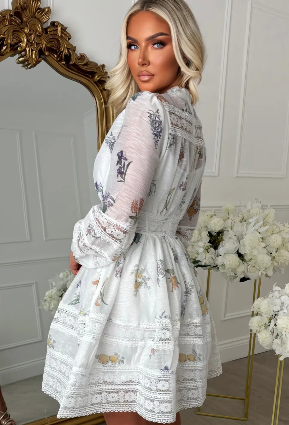 Petals In Paradise Multi Button Front Lace Trim Floral Dress