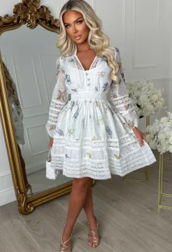 Petals In Paradise Multi Button Front Lace Trim Floral Dress