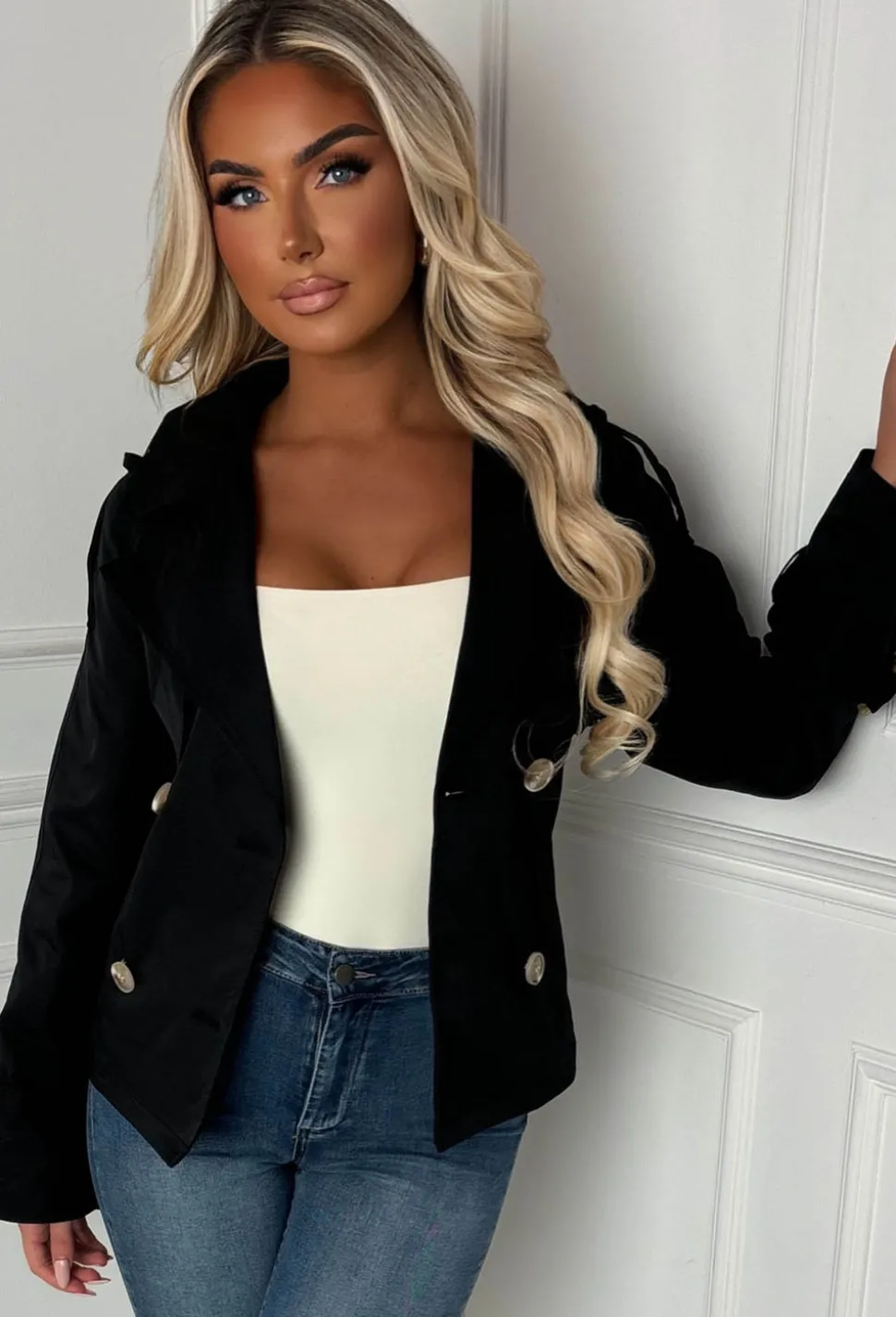Private Society Black Belted Cropped Trench Coat