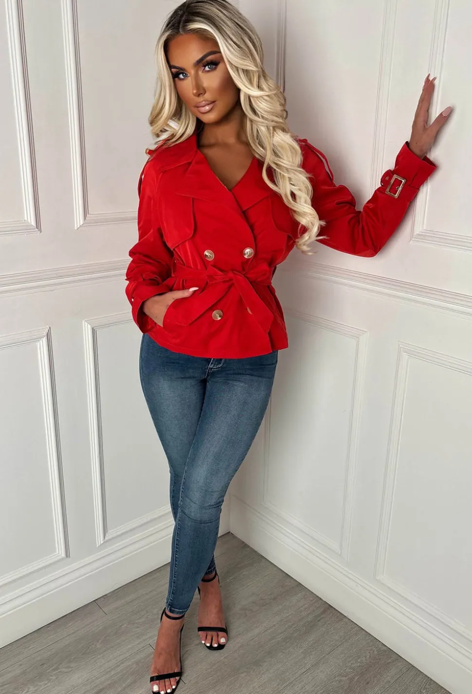 Private Society Red Belted Cropped Trench Coat