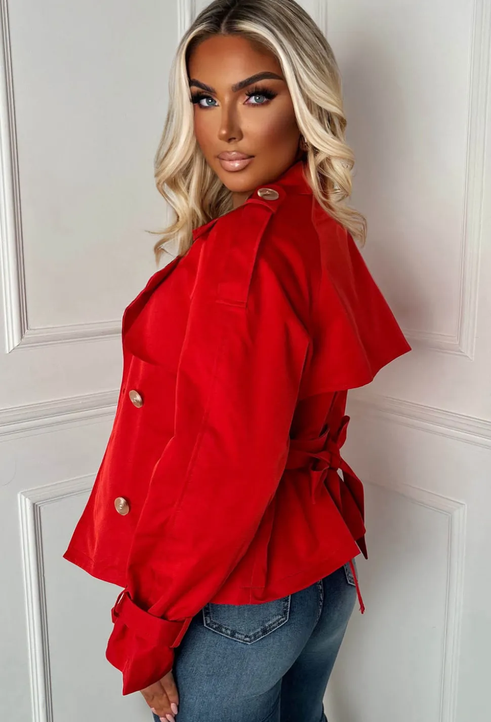 Private Society Red Belted Cropped Trench Coat