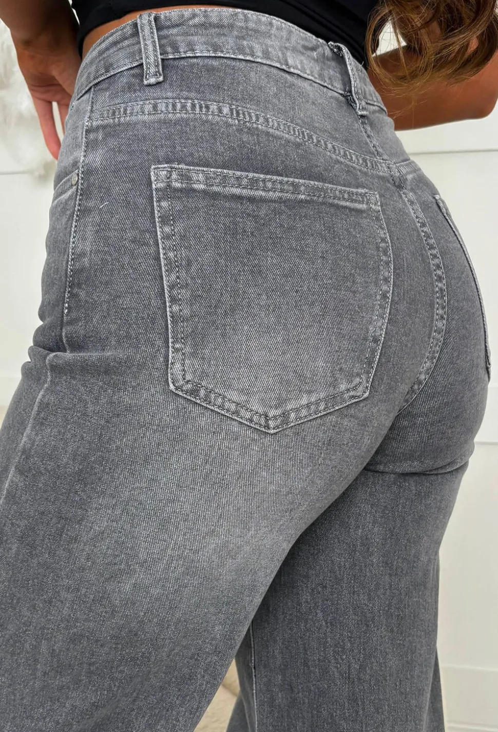 Rae Grey Stretch Flared Wide Leg Jeans