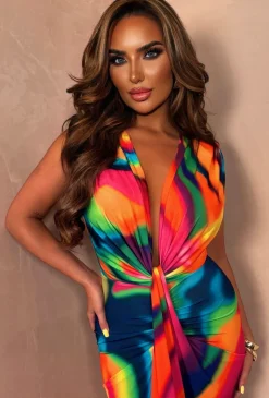 Rainbow Chic Multi Printed Stretch Sleeveless Plunge Ruched Midi Dress