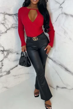 Ready & Waiting Black Stretch Flared Faux Leather Jeans